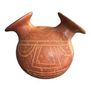 Vintage Hand Made Two Spouted Carved Red Clay Vase Canteen